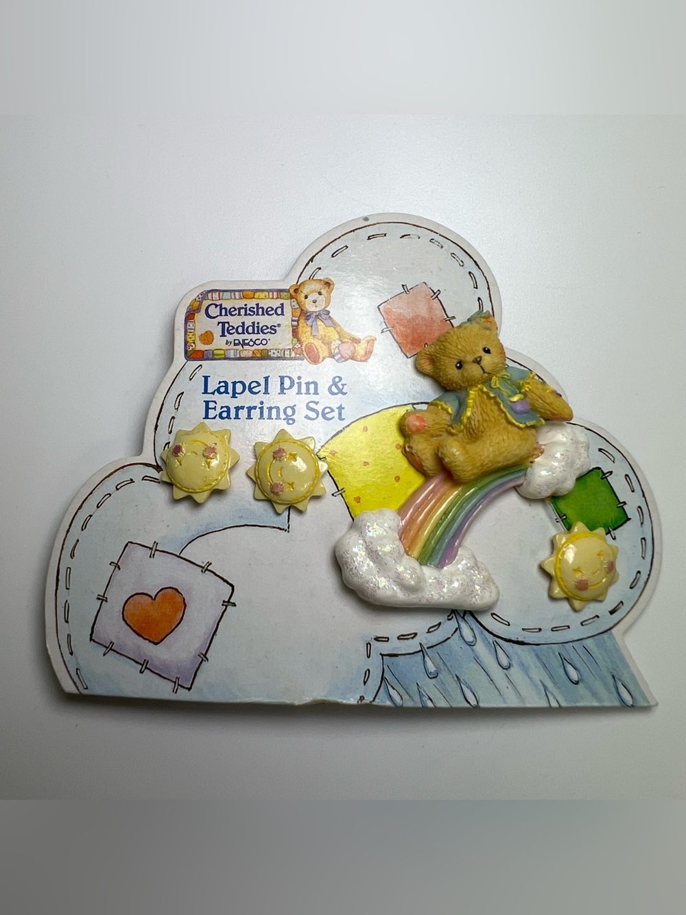 vintage Enesco Cherished Teddies "Rainbow Sunshine" lapel pin and earring set